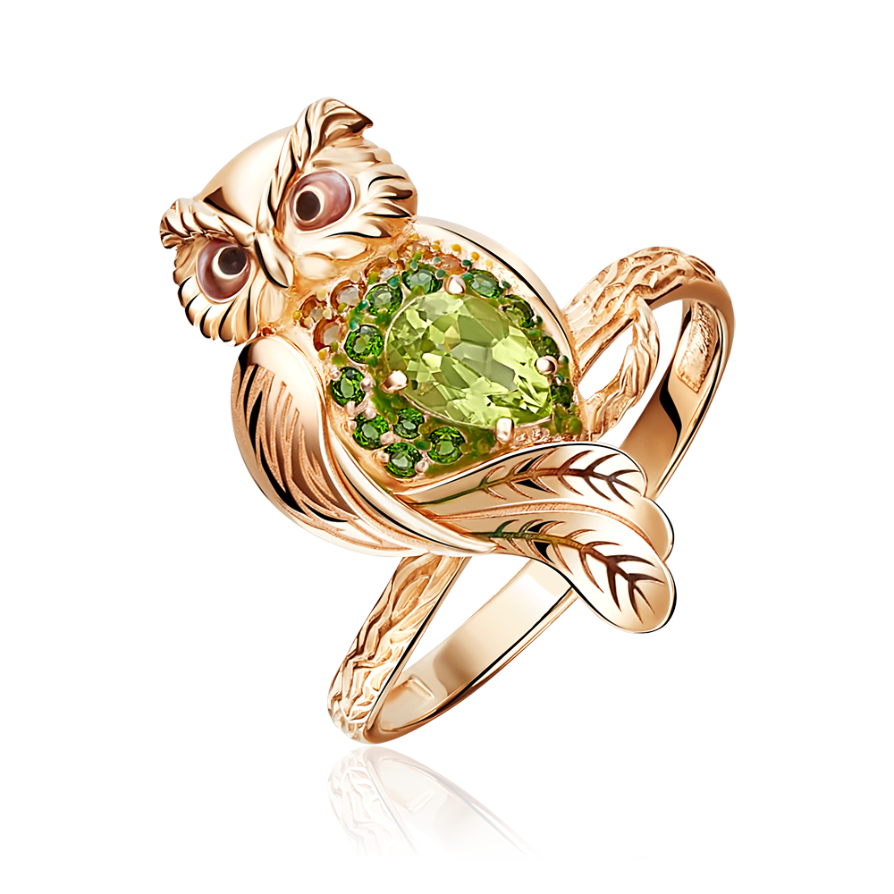 Кольцо «Сова» из красного золота c хризолитом, цитринами, хромдиопсидами и эмалью Артикул: 01-5174-00-710-1110-57