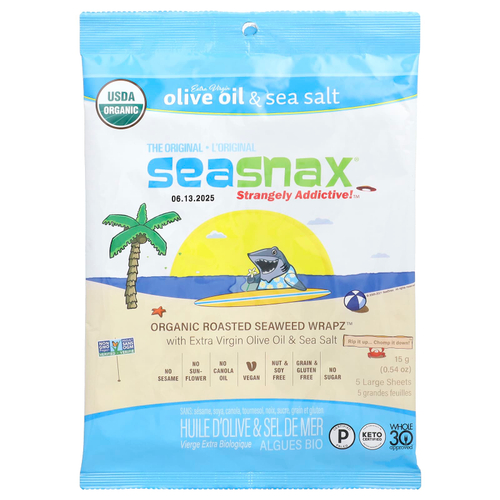 SeaSnax, Organic Roasted Seaweed Wrapz ™, оливковое масло холодного отжима и морская соль, 5 больших листов, 15 г (0,54 унции)
