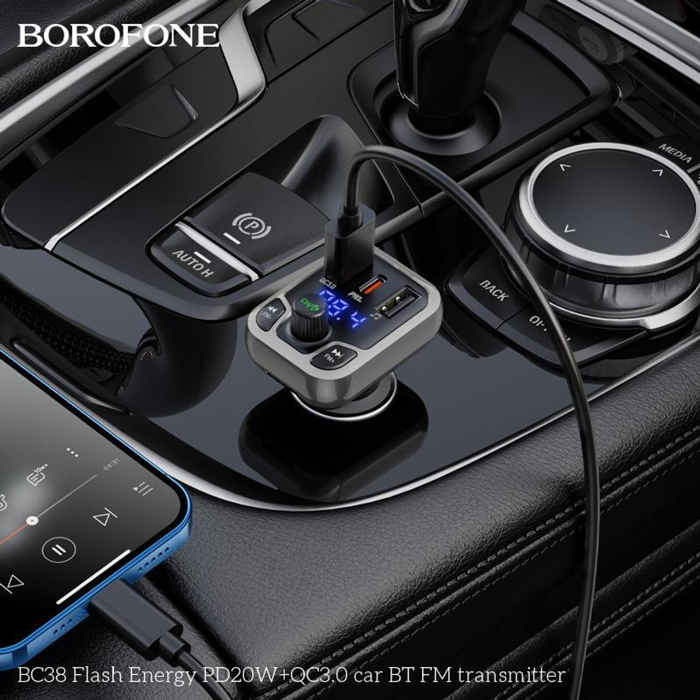 FM модулятор (трансмиттер) автомобильный BOROFONE BC38 PD20W+ QC3.0 BT/USB/SD/FM, черный
