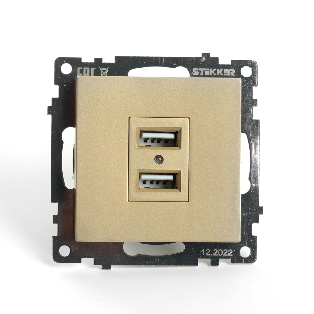 Розетка 2-местная USB (механизм), STEKKER, GLS10-7115-08, 250В, 2,1А, серия Катрин, золото 49229