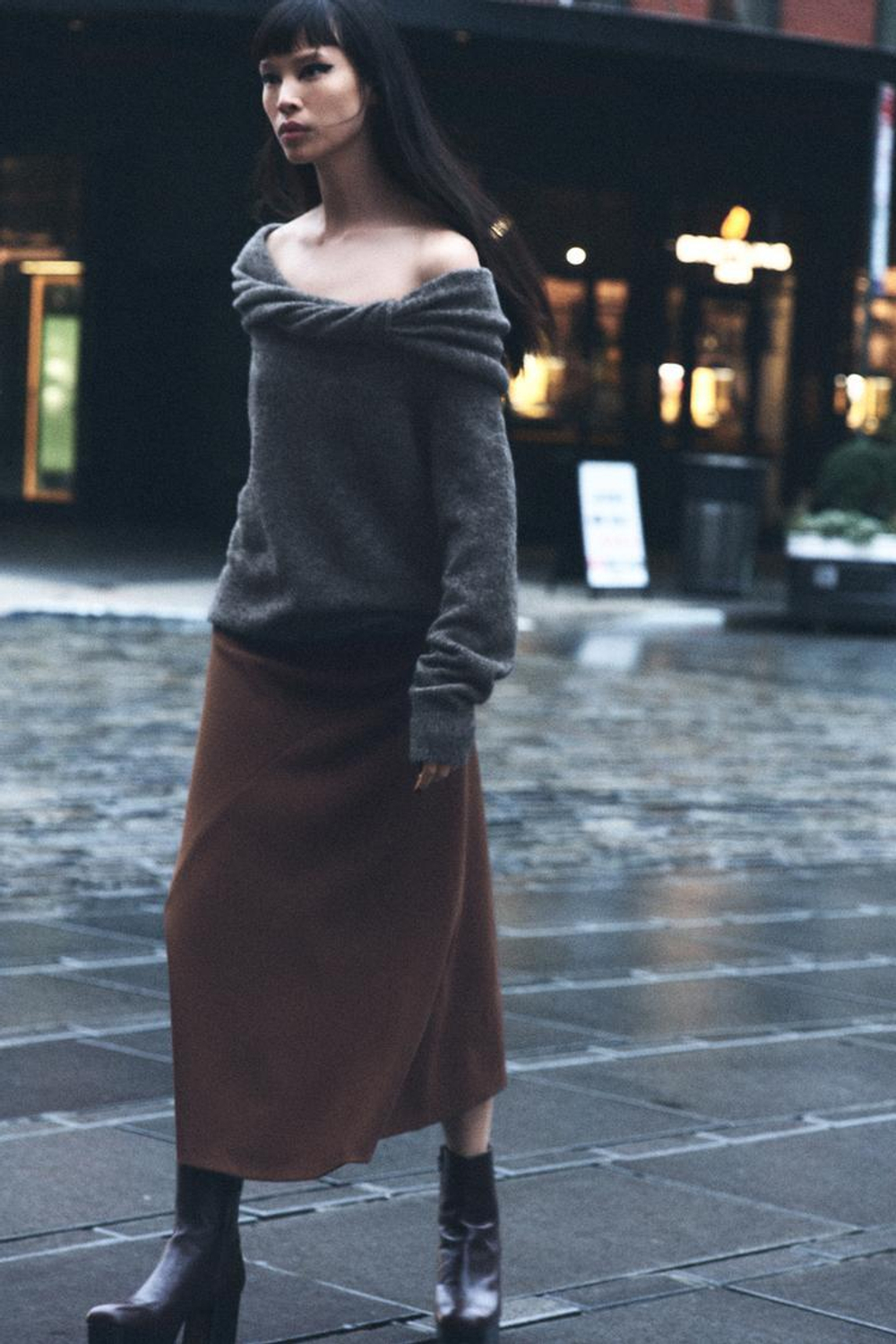 ZARA СВИТЕР С ОТКРЫТЫМИ ПЛЕЧАМИ, СЕРЫЙ С МЕЛАНЖЕВЫМ ЭФФЕКТОМ