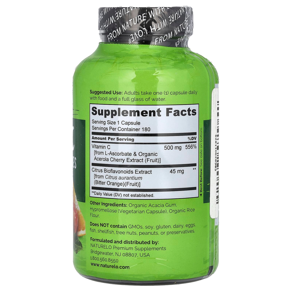 NATURELO, Витамин C с ацеролой и цитрусовыми биофлавоноидами, 180 вегетарианских капсул