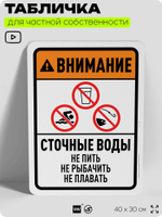 Табличка для частной территории "Внимание, сточные воды", на дом, для участка, организаций и частных территорий, предупреждающая, 40х30 см, Silver Plane x Айдентика Технолоджи