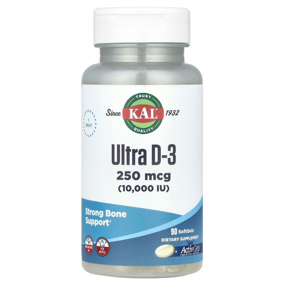 KAL, Ultra D-3, витамин D3, 250 мкг (10 000 МЕ), 90 мягких таблеток
