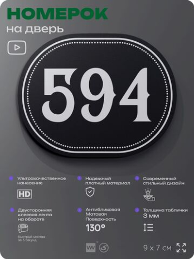 Номерок на дверь квартиры 594, для кабинета, офиса, шильдик 9 х 7 см, черный, Айдентика Технолоджи