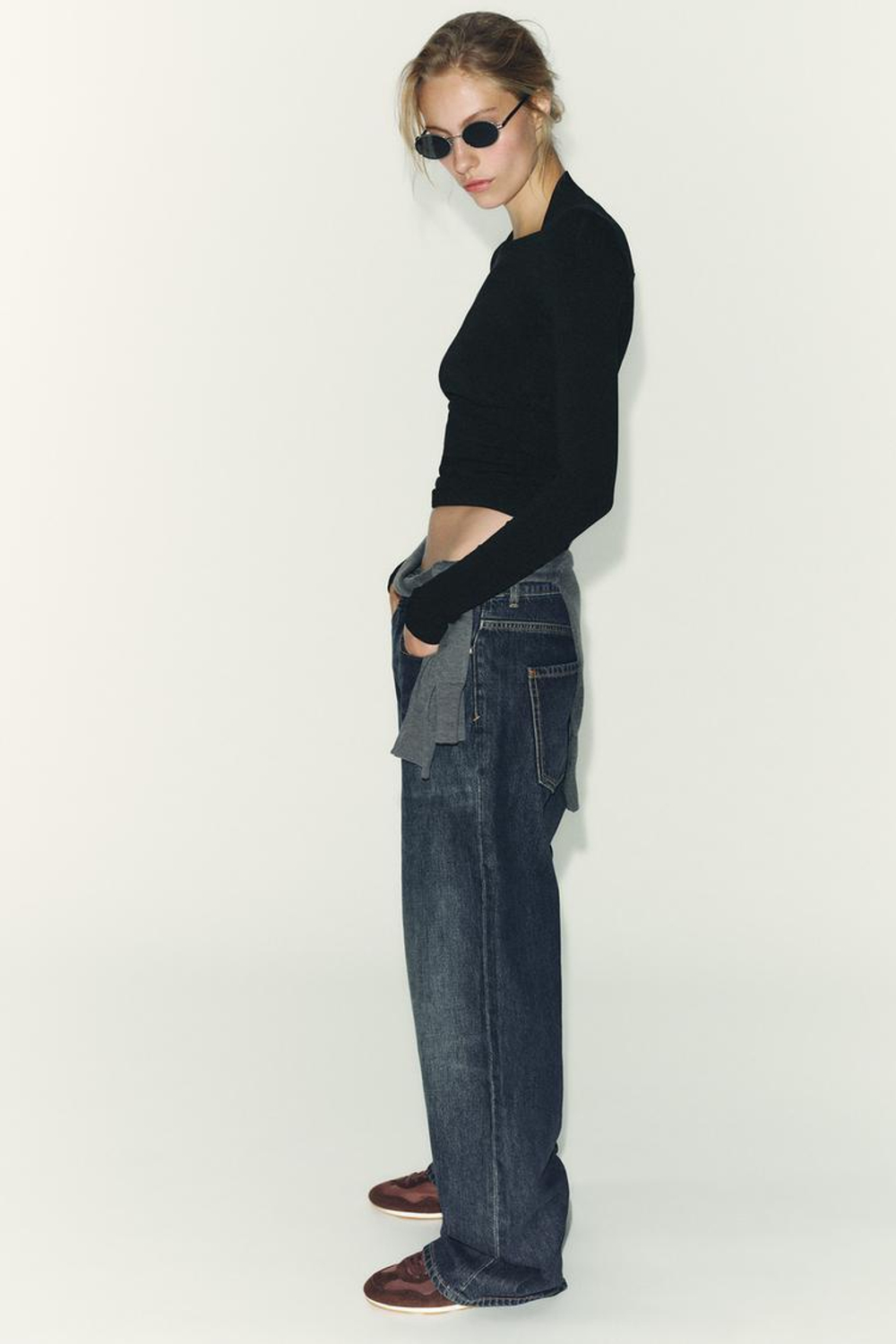 ZARA ФУТБОЛКА В РУБЧИК С ДЛИННЫМИ РУКАВАМИ, ЧЕРНЫЙ