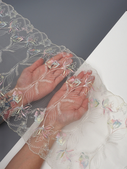 Кружево вышивка на сетке шампань с мультиколор неэластичная ширина 25 см