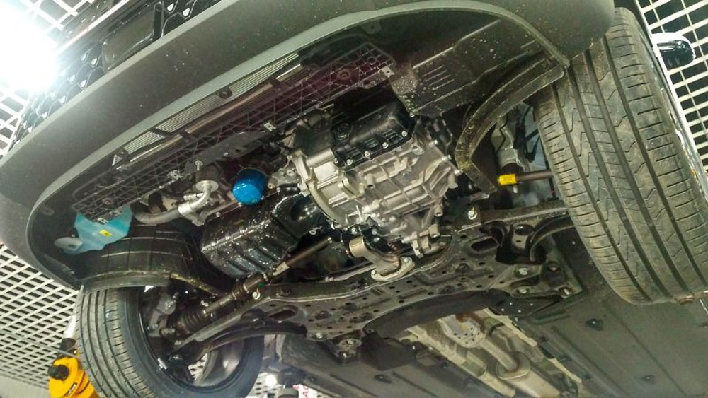 Защита картера двигателя, КПП (2,5 мм, сталь) для Kia Seltos 2020-2022 (V = 1.6T-GDI 7DCT (вариатор) 4WD/ 2.0 MPI. IVT (робот) 4WD/FWD), Kia Soul 2019- (V = 1.6 MT FWD; 1.6 T-GT DCT FWD; 2.0 AT FWD) Sheriff.11.4229