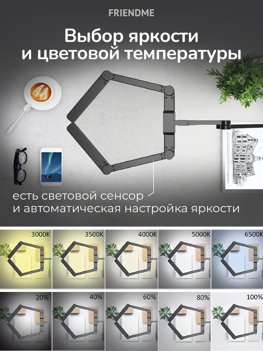 Светильник FRIENDME настольный на струбцине светодиодный No. 12 черный с тройным источником света. Яркость - 1270 lum. 24W.