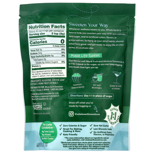 Whole Earth, листья стевии, архат и аллюлоза, 340 г (12 унций)