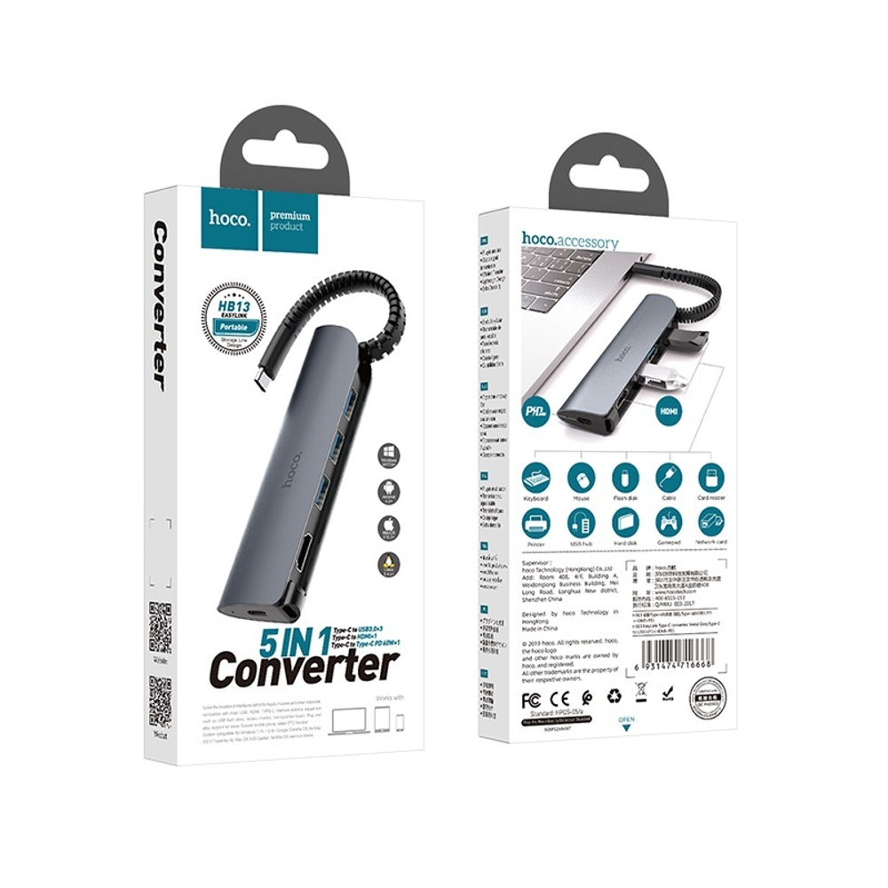 USB HUB Type-C/HDMI/Type-C PD60W Hoco HB13 silver-grey