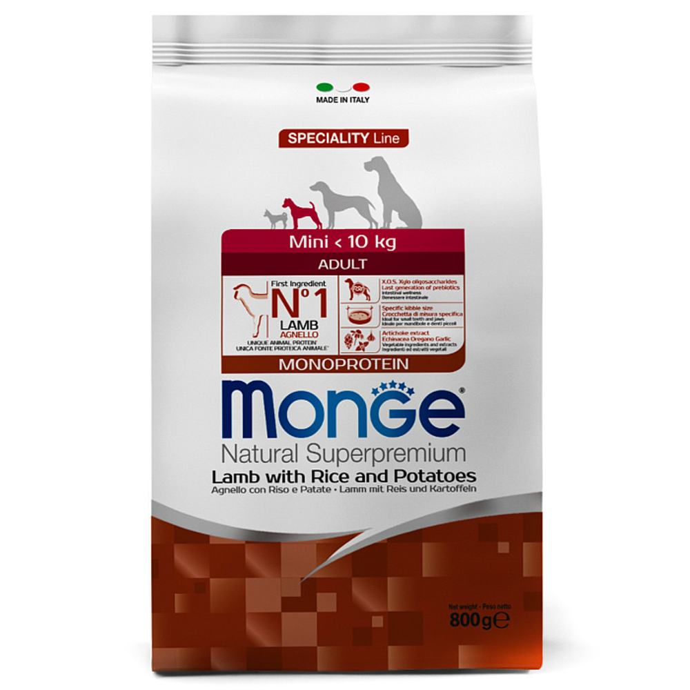 Сухой корм Monge Dog Speciality Line Monoprotein Mini для взрослых собак мелких пород, из ягненка с рисом и картофелем 800 г
