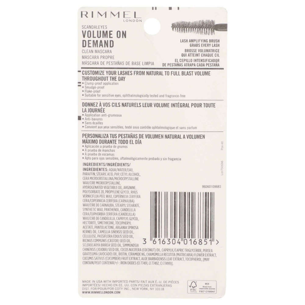 Rimmel London, Scandaleyes, Volume On Demand, очищающая тушь для ресниц, оттенок 001 насыщенный черный, 12 мл (0,4 жидк. унции)