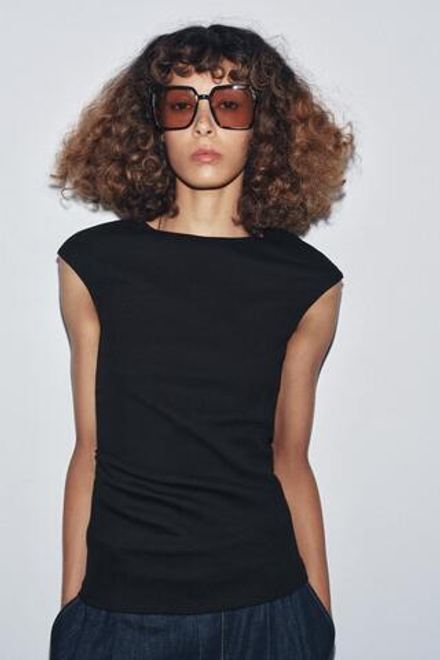ZARA ТОП В РУБЧИК СО СБОРКАМИ, ЧЕРНЫЙ