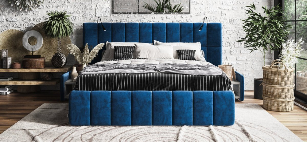 Босс ХО Кровать 180*200 без набора светильников Велюр Монолит синий