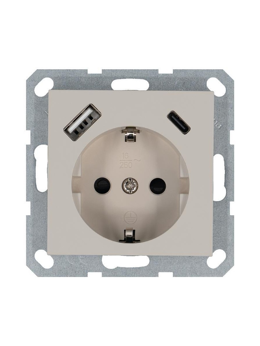 Розетка Shuko 16А с заземл. защ. шторки с 2-мя заряд. устройствами USB тип A+C 25Вт механизм тауп Jasmart G5501USB-25T