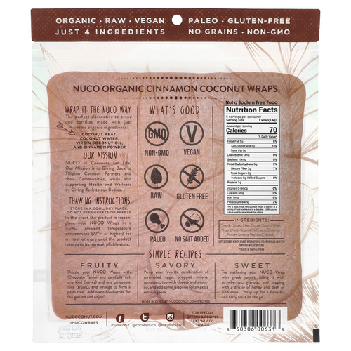 NUCO, Органические кокосовые лепешки, корица, 5 шт. (14 г) каждая