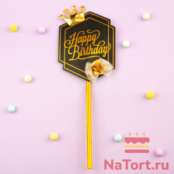 Топпер  «Роскошь» Happy Birthday (черная табличка, роза и корона)