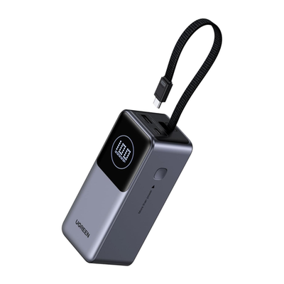 Внешний аккумулятор со встроенным кабелем Ugreen Nexode (20000 мА·ч) (PB723) Проводная зарядка: USB-C, USB-A, встроенный кабель USB-C. Беспроводная зарядка: нет. Есть дисплей, поддержка PD, QC, PPS и SCP. Энергоёмкость — 72 Вт·ч. Максимальная выходная мощ