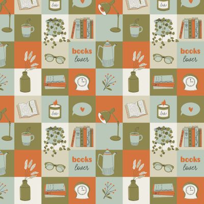 Геометрический паттерн с книгами и уютными домашними предметами