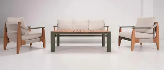 Комплект уличной мебели Elif из алюминия и дерева ироко, 2 кресла, диван и столик