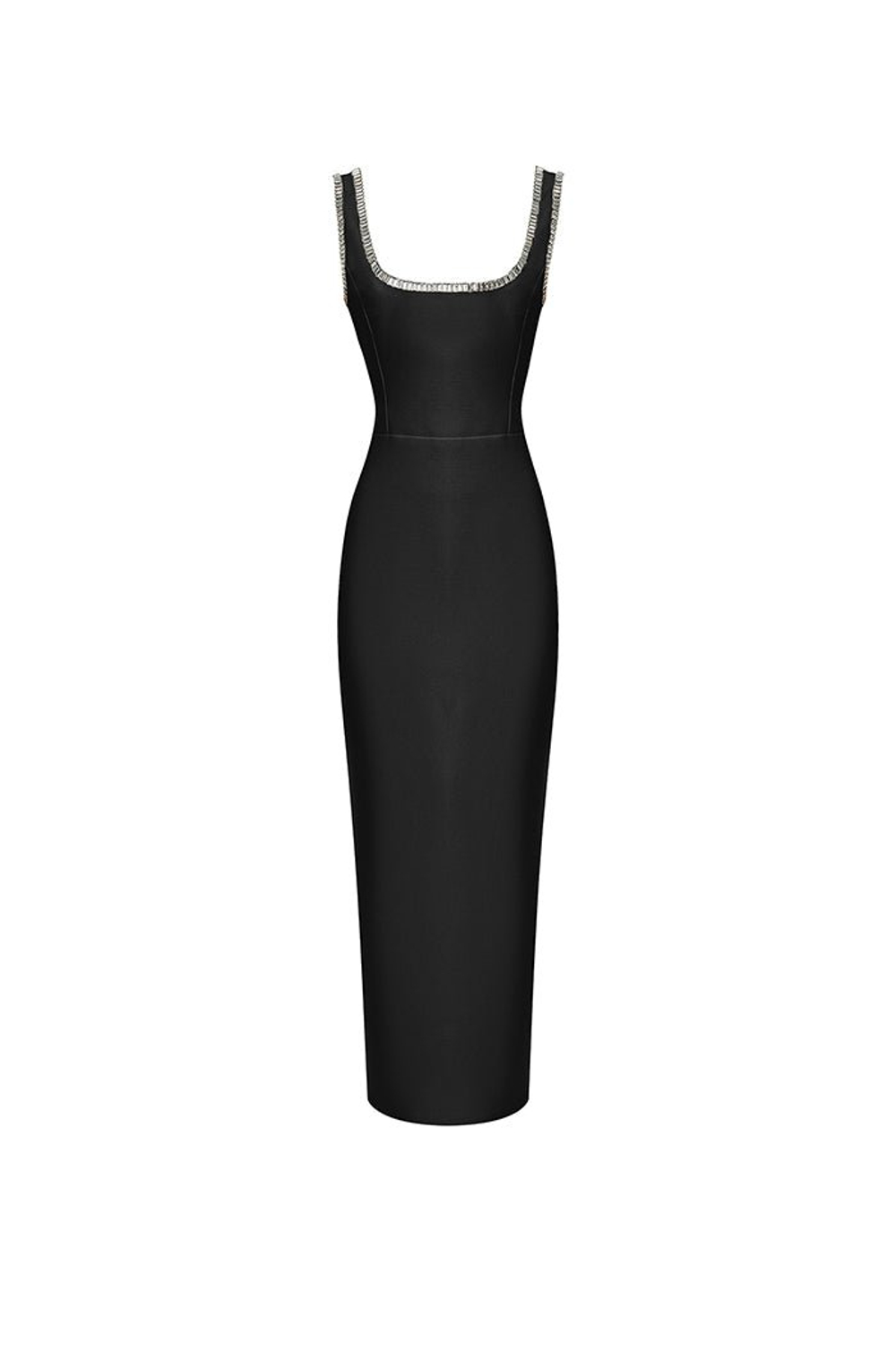 Платье миди удлиненное из крепа с отделкой из кристаллов и разрезом сбоку