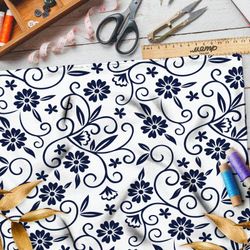 Ткань муслин роспись синими цветами на бежевом фоне