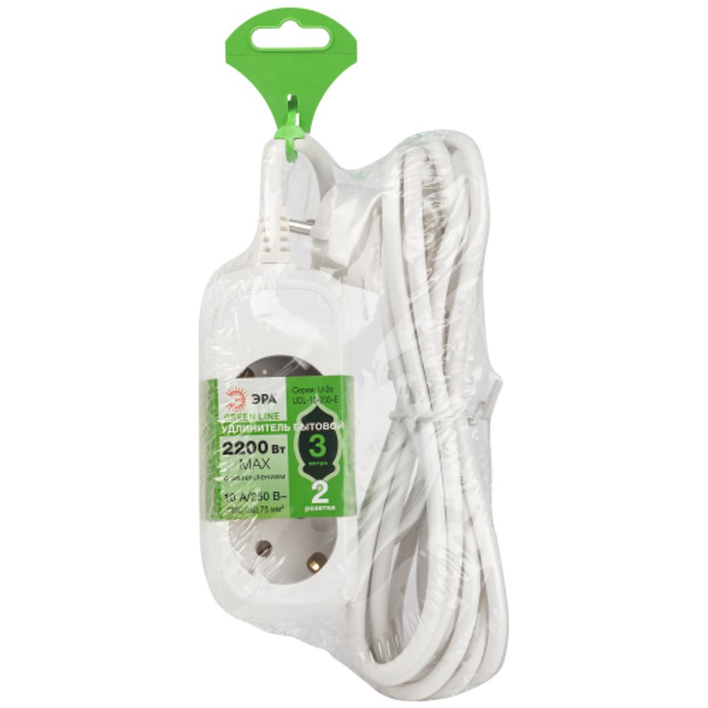 Удлинитель электрический ЭРА UDL-10-230-E Greenline 2 розетки с заземлением 3м ПВС 3x0.75мм2 | Бытовые удлинители