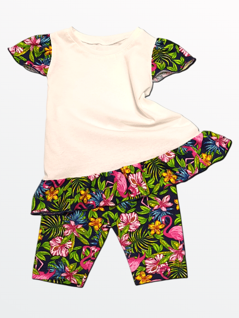 1019 Комплект для девочки (туника с велосипедками) молочный/набивка (64-122/128)