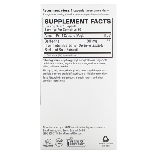 Terry Naturally, берберин, 500 мг, 60 капсул