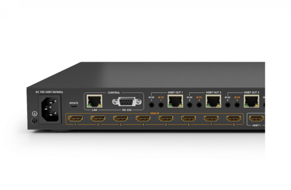 Wyrestorm MXV-0808-H2A - v3, матричный коммутатор 8x8 HDBaseT со сквозными 4хHDMI выходами, двунаправленным ИК и выходами 8хS/PDIF, поддержка HDMI2.0, HDCP2.2, POH, 4K до 35 м, 1080p до 70 м, де-эмбеддер аудио.