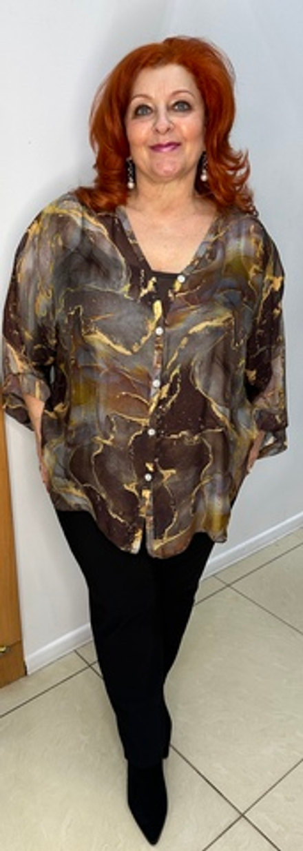 Двойка: итальянский шифоновый блузон с коричневой трикотажной маечкой