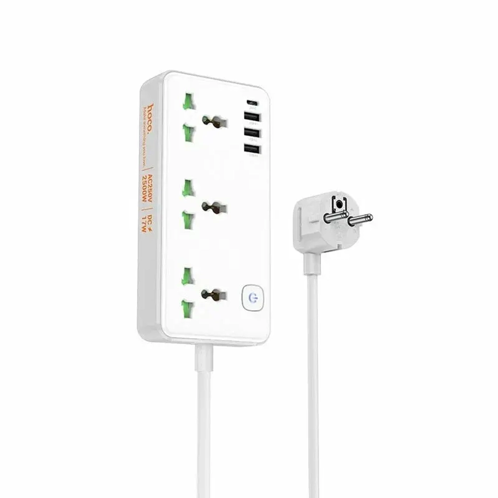 Фильтр сетевой HOCO AC7, 250V/10A 3 розетки, 17W 3.4A Type-C+3xUSB, 1.5m White