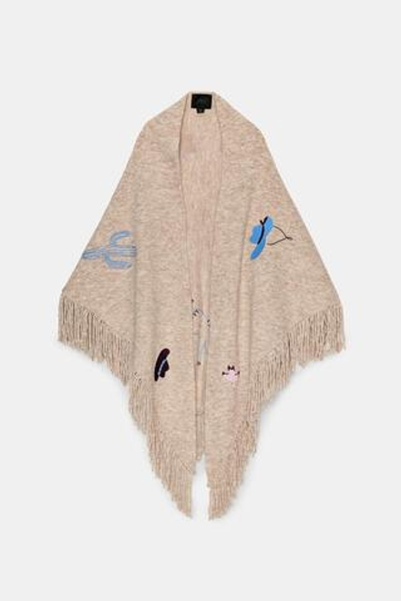 ZARA ШАЛЬ С ВЫШИВКОЙ И БАХРОМОЙ, БЕЖЕВЫЙ