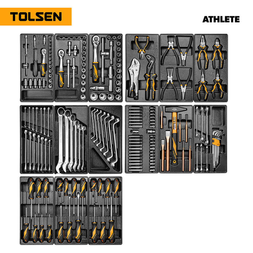 TOLSEN (TT85412-189) Набор инструментов 189 предметов, "ATHLETE", для тележки, 15 ложементов