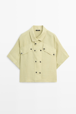 Massimo Dutti Льняная рубашка с короткими рукавами и кнопками, лаймовый