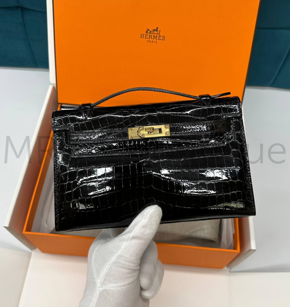 Сумка Hermes Kelly Pochette из глянцевой крокодильей кожи темно-синяя
