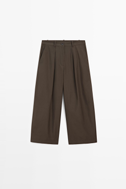 Massimo Dutti Брюки из смесового хлопкового поплина с широкими штанинами, хаки