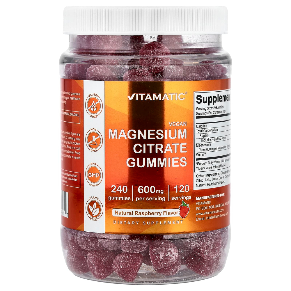 Vitamatic, жевательные таблетки с цитратом магния, со вкусом натуральной малины, 240 жевательных таблеток (300 мг в 1 жевательной таблетке)