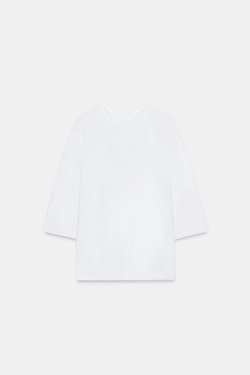 ZARA ФУТБОЛКА В СТИЛЕ РУСТИК С РУКАВАМИ ТРИ ЧЕТВЕРТИ, БЕЛЫЙ