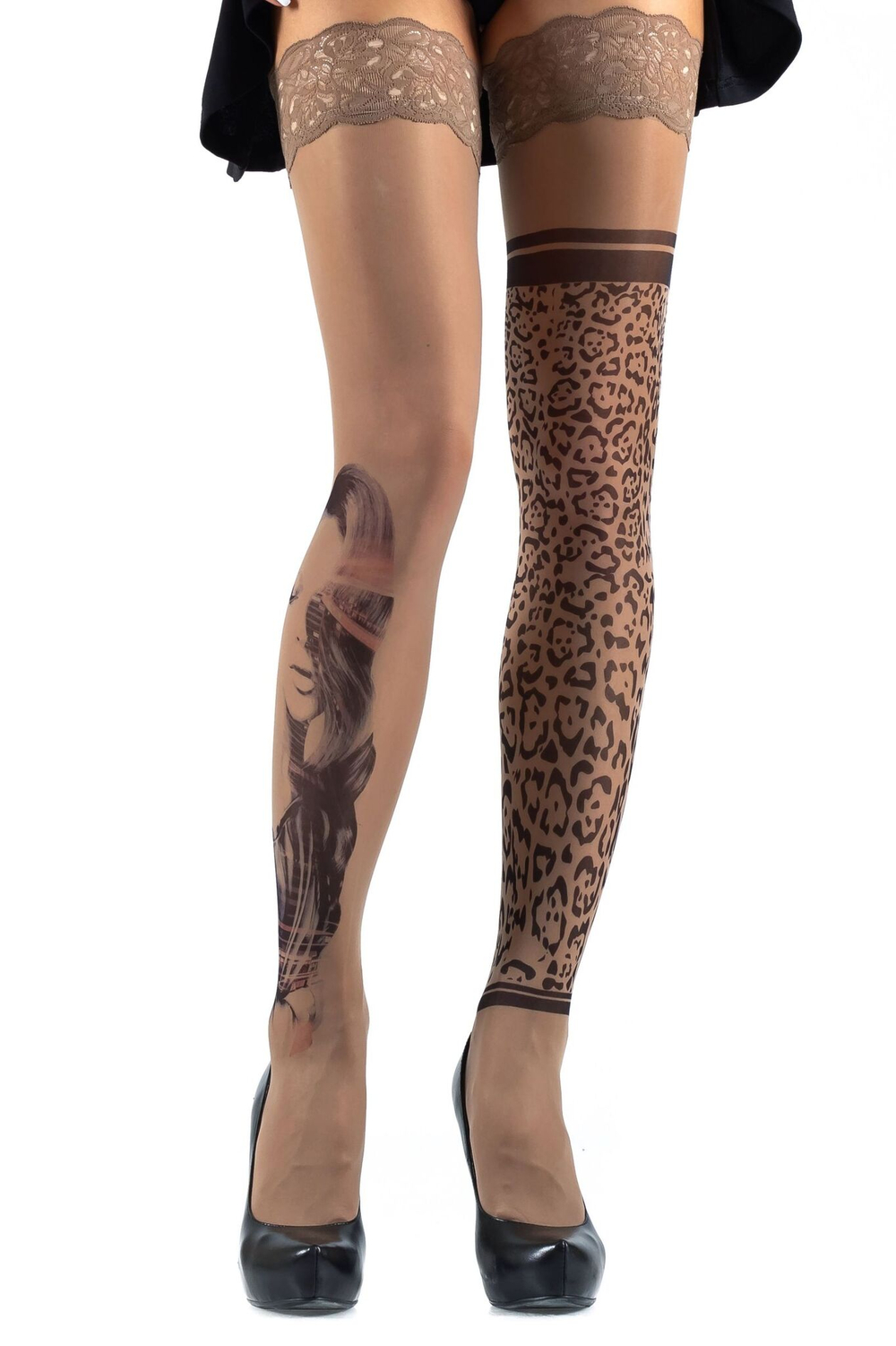 Чулки с девушкой на правой ножке и леопардовым принтом на левой (Размер: S-M-L) (Цвет: бежевый)