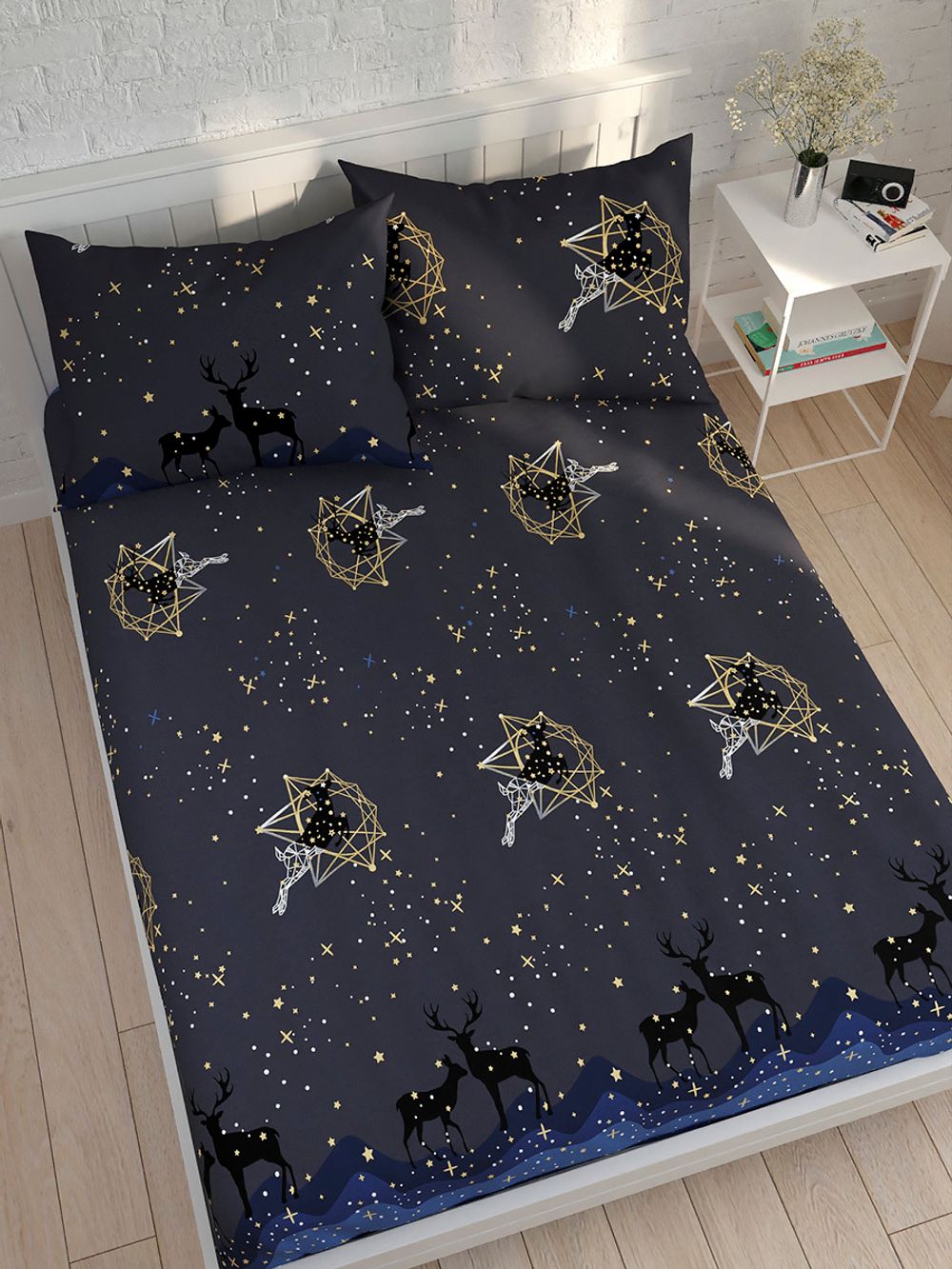 Постельное белье Полисатин Simple House "Звездный олень" 1,5-сп Наволочка 50х70 см 1 шт Простынь 150x215 см Пододеяльник 145x215 см