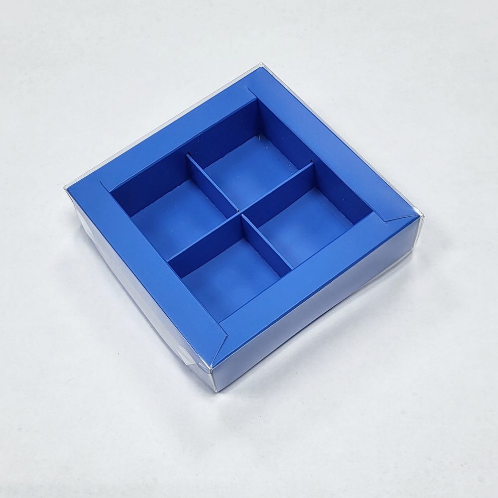 Коробка на 4 конфеты Синяя матовая (прозрач крышка)