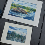 Картина авторская акварельная в паспарту 21х30 см на стену для интерьера " Охота за карасями на закате"