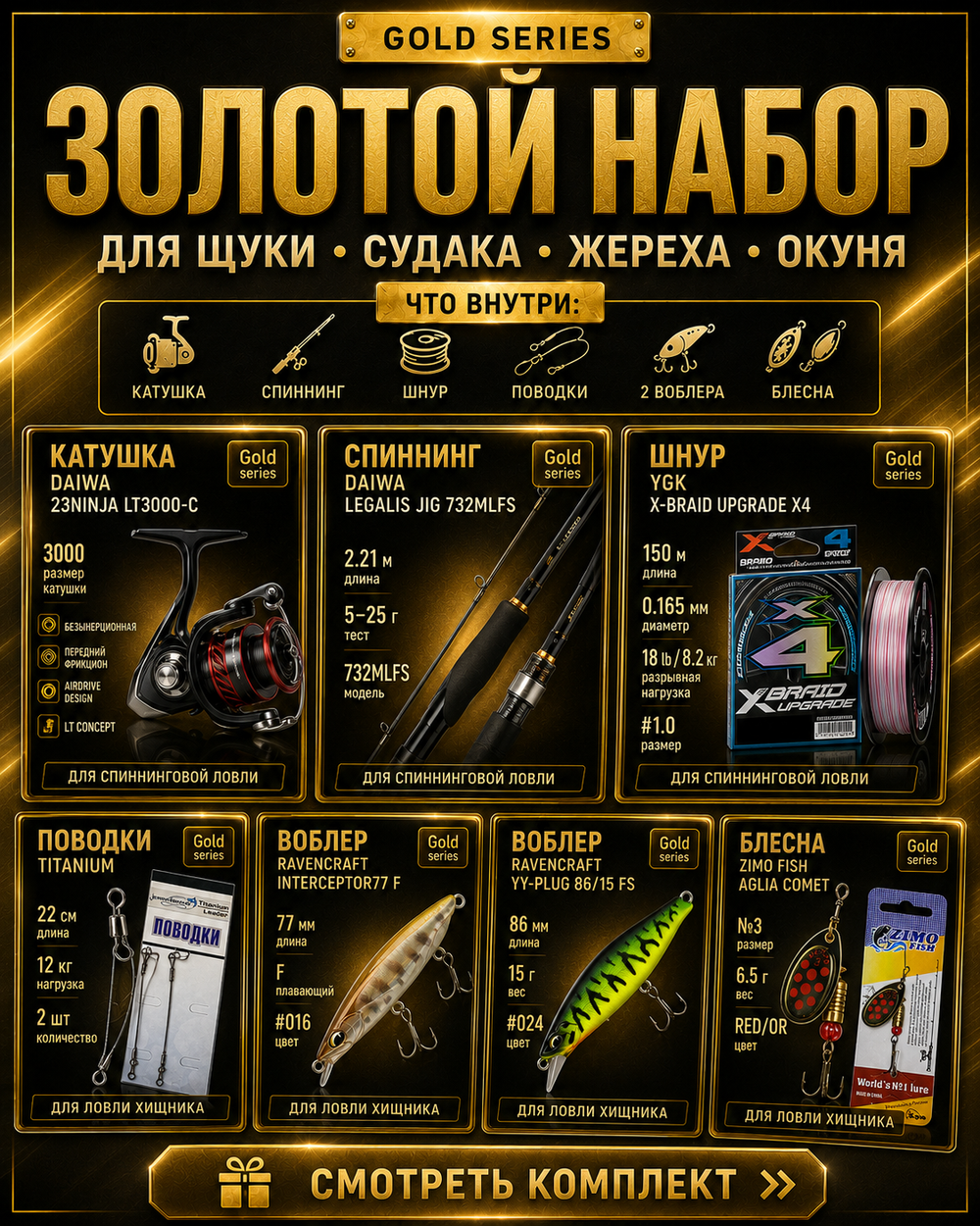 Готовый рыболовный набор Gold: спиннинг, катушка и приманки