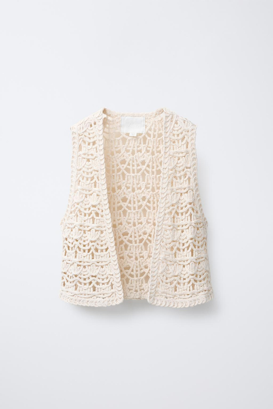 ZARA ЖИЛЕТ ВЯЗКИ МАКРАМЕ, ЭКРЮ