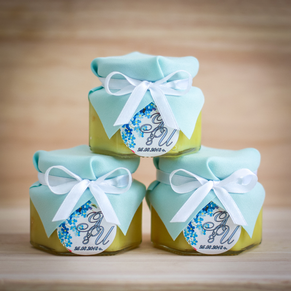 Бонбоньерка с медом на свадьбу с белой лентой, 140 грамм