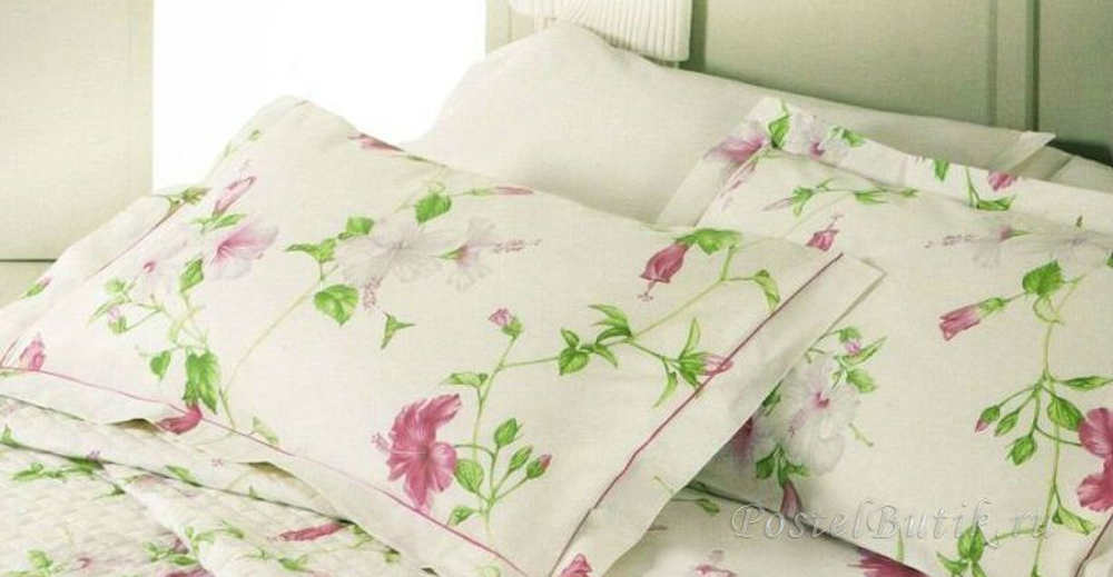 Постельное белье 2 спальное евро Mirabello Hibiscus кремовое с розовыми цветами