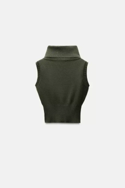 ZARA ТРИКОТАЖНЫЙ ЖИЛЕТ С ВЫСОКИМ ВОРОТНИКОМ, ХАКИ