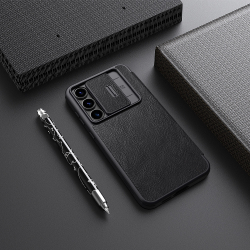 Кожаный чехол книжка черного цвета от Nillkin для Samsung Galaxy S24 FE, серия Qin Pro Leather с защитной шторкой для камеры